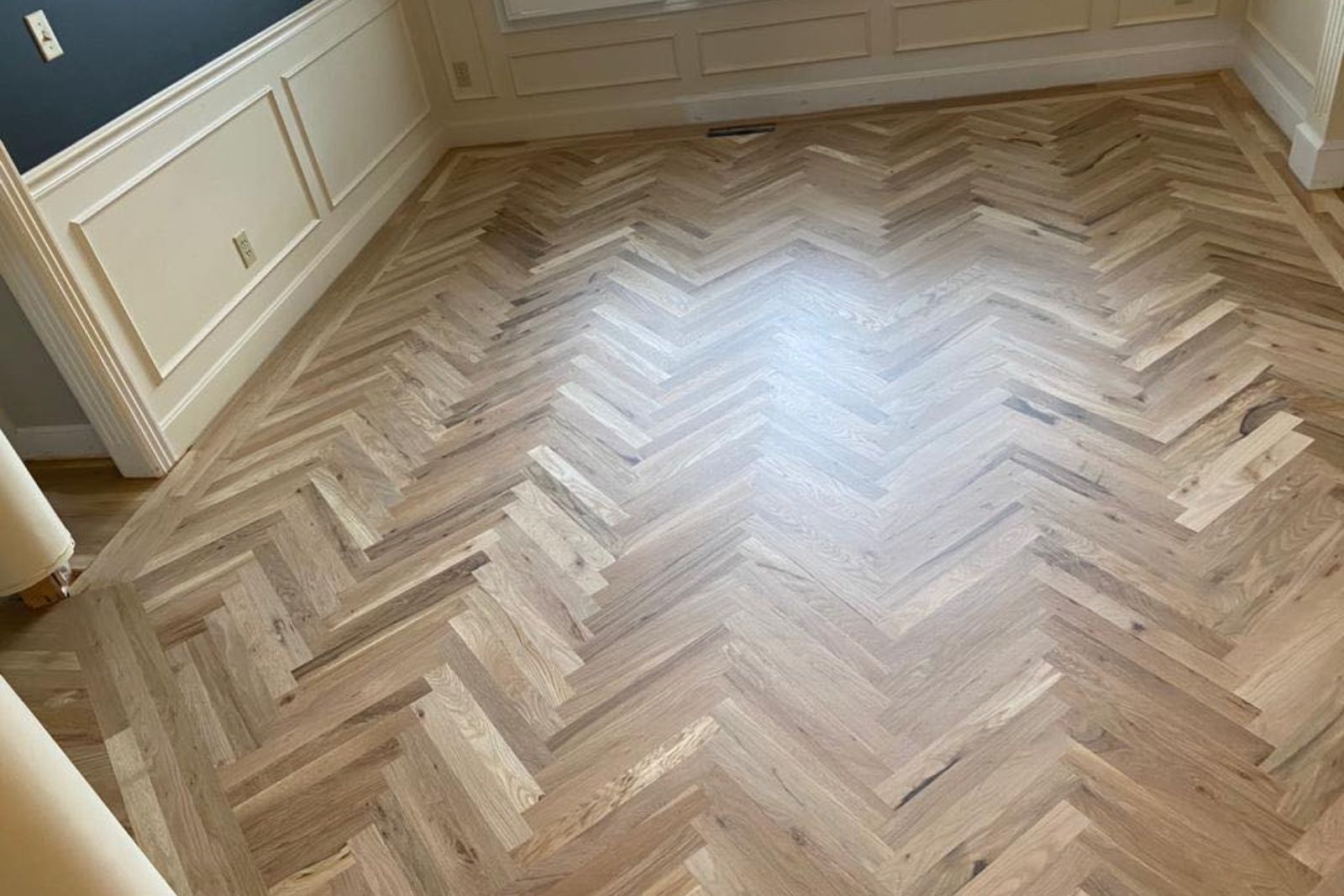 Herringbone Design Dustless-Hardwood-Refinishing-Water-Damage-Repair-Kansas-City-Transformation