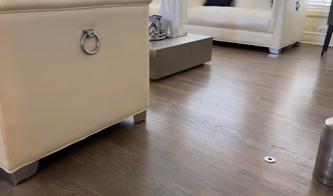 Hardwood floor refinishing in Lenexa, KS, showcasing a modern living room with dark wood floors and furniture